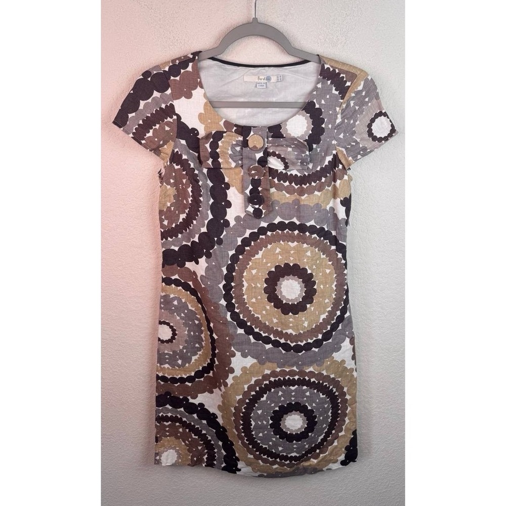 Boden 100% Linen Shift Dress Womens US 2R Brown Geometric Print Retro Mod Lined